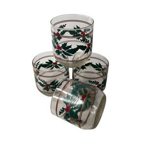 Vintage Holly and Berry Double old-Fashioned Christmas Glasses Set of 4